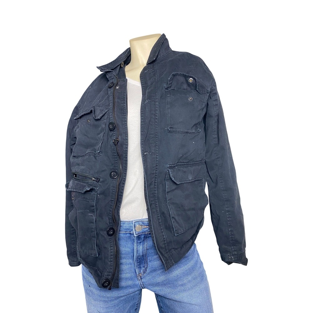 Black Utility Jacket Mens Medium Hooded Cargo‎ Pockets Fleece Lined